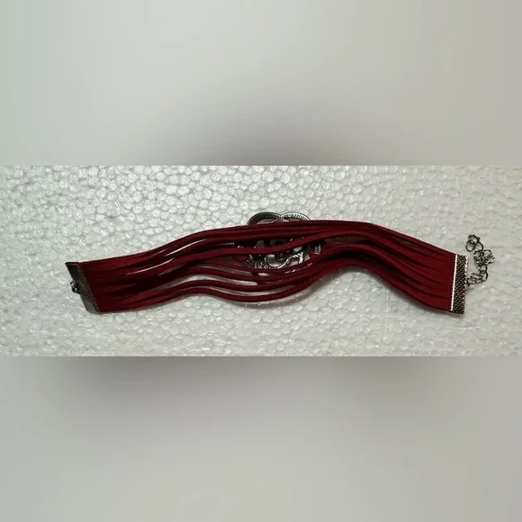 Red Leather Bracelet with Silver Floral Accent - Picture 3 of 5